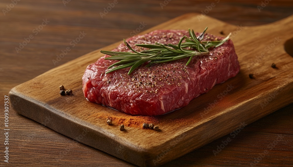 Fresh Raw Steak Meat on Wooden Board with Rosemary Seasoning Fresh Raw Steak Meat on Wooden Board with Rosemary Seasoning
