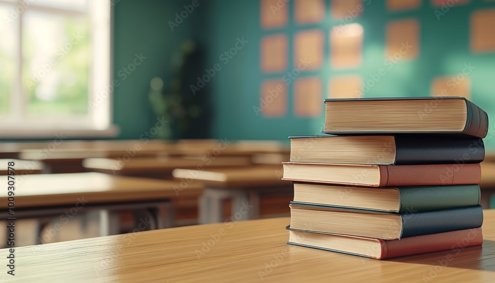 Book Pile on Empty Blank Wooden Desk in Cozy Library Setting Book Pile on Empty Blank Wooden Desk in Cozy Library Setting