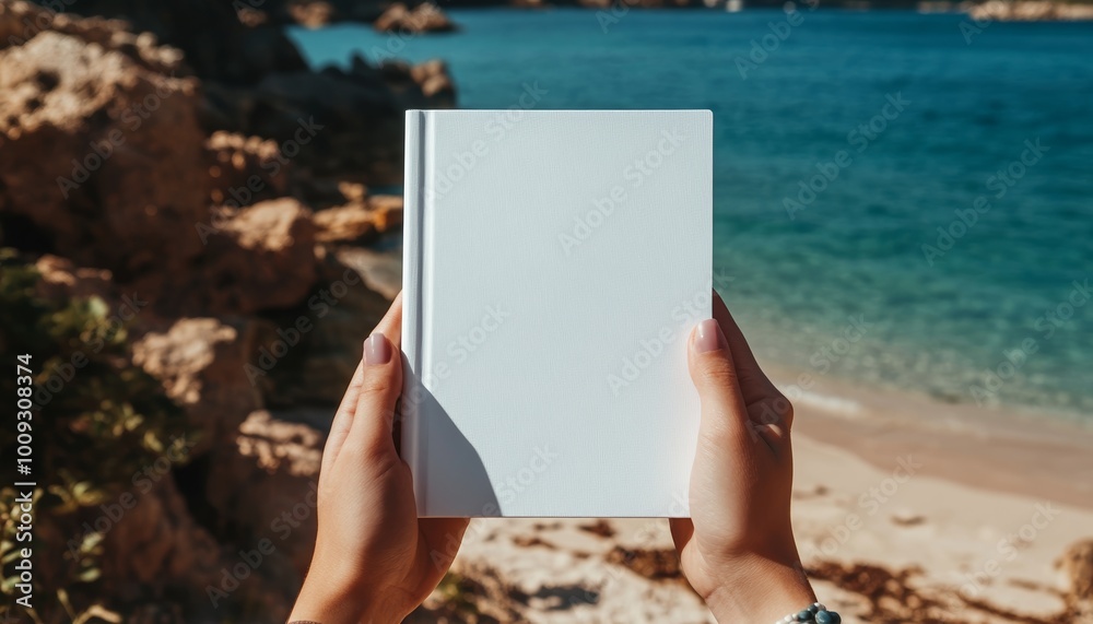 People Hands Holding a White Booklet Over Clear Blue Ocean Background People Hands Holding a White Booklet Over Clear Blue Ocean Background