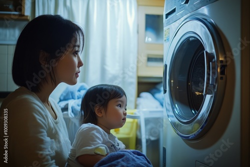 A mother holds her child in front of a washing machine, a moment of everyday life photo