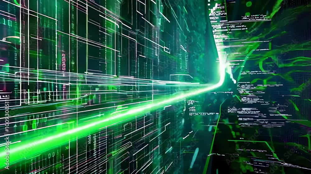 Futuristic Green Digital Tunnel with Flowing Data Streams