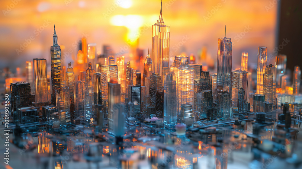 Intricate glass city skyline at sunset with glowing reflections Intricate glass city skyline at sunset with glowing reflections