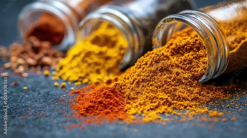 custom made wallpaper toronto digitalA close-up of spilled spices in jars showcasing vibrant colors and textures.