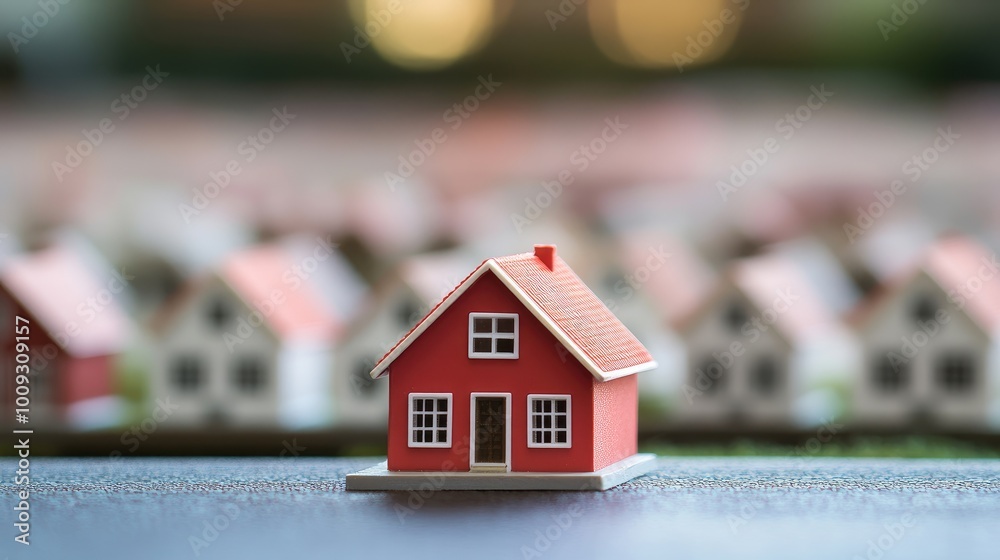 Red house model in focus, with rows of white houses in the background, representing property investment and business, no people. Red house model in focus, with rows of white houses in the background, representing property investment and business, no people.
