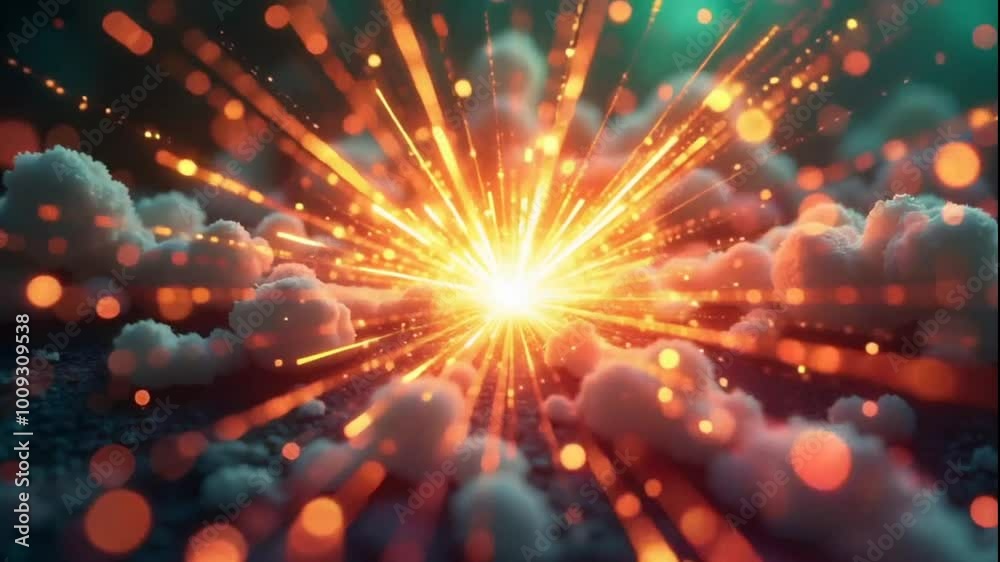 Energetic abstract explosion displaying sharp rays of light bursting from the center, surrounded by circular bokeh effects with a cool color palette of greens and purples Energetic abstract explosion displaying sharp rays of light bursting from the center, surrounded by circular bokeh effects with a cool color palette of greens and purples