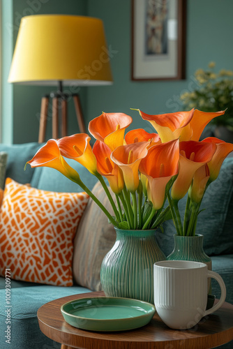 A colorful, retro-inspired living room with mid-century modern furniture and decor. The focus is on an end table that holds vibrant calla lilies in vases of different sizes and colors.