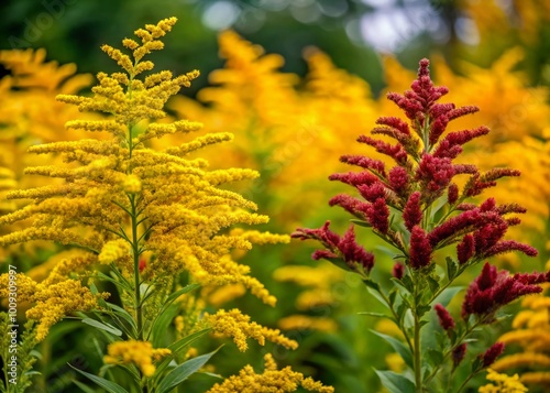 Goldenrod and Ragweed Plants Side by Side Highlighting Their Distinct Features and Colors in Nature