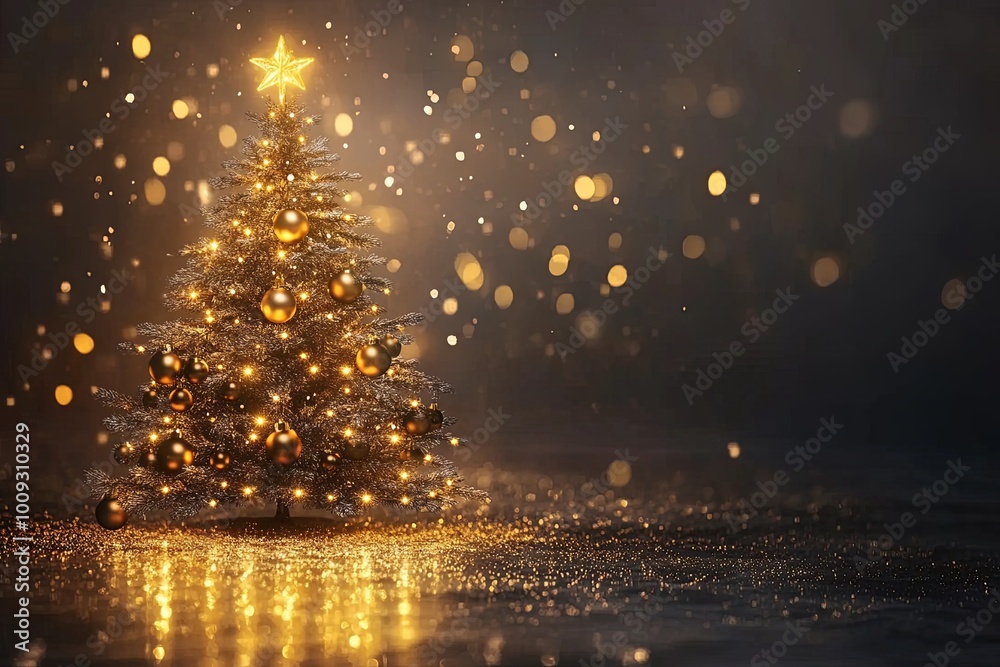 A Christmas tree with a star on top and many gold ornaments A Christmas tree with a star on top and many gold ornaments