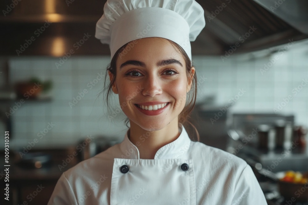 A happy woman wearing a chef's hat and smiling directly at the camera, suitable for food or cooking-related uses A happy woman wearing a chef's hat and smiling directly at the camera, suitable for food or cooking-related uses