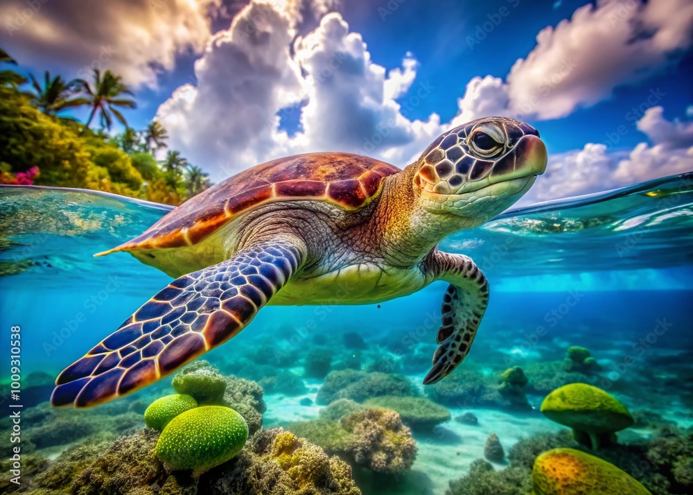 Fototapeta premium Graceful Sea Turtle Swimming in Crystal Clear Ocean Waters Surrounded by Vibrant Marine Life