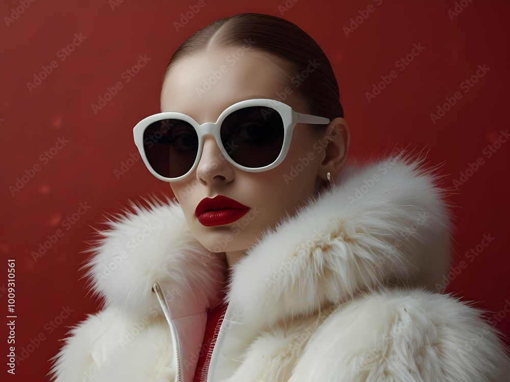 Highly stylized, close-up portrait of a person with a surreal, almost otherworldly appearance. Red background. The subject has a smooth, white skin, with striking red lips that are glossy