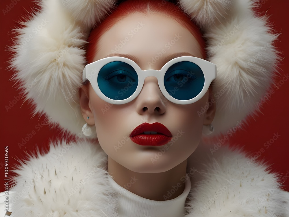 Highly stylized, close-up portrait of a person with a surreal, almost otherworldly appearance. Red background. The subject has a smooth, white skin, with striking red lips that are glossy Highly stylized, close-up portrait of a person with a surreal, almost otherworldly appearance. Red background. The subject has a smooth, white skin, with striking red lips that are glossy