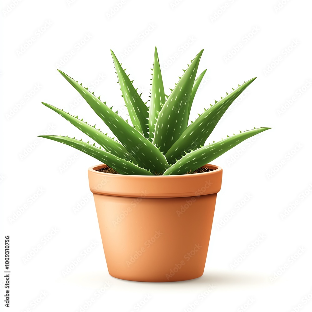 A vibrant aloe vera plant in a terracotta pot, showcasing its unique spiky leaves, white isolate background. A vibrant aloe vera plant in a terracotta pot, showcasing its unique spiky leaves, white isolate background.