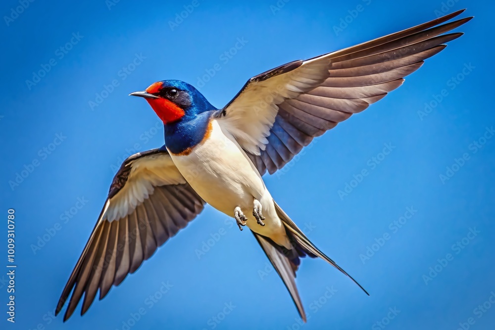 Fototapeta premium Graceful Swallow Bird in Flight Against a Clear Blue Sky Capturing the Essence of Freedom and Nature