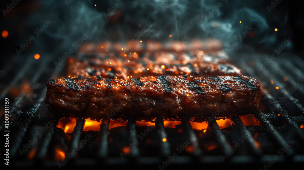 Juicy steaks sizzling on the grill surrounded by smoke and glowing embers during an evening barbecue gathering Juicy steaks sizzling on the grill surrounded by smoke and glowing embers during an evening barbecue gathering