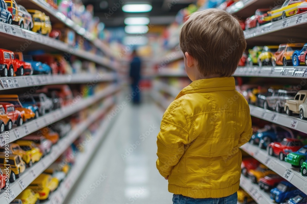 A young child stands amidst colorful toys and shelves in a vibrant toy store A young child stands amidst colorful toys and shelves in a vibrant toy store