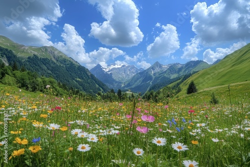 A beautiful landscape featuring a field of colorful wildflowers against the backdrop of majestic mountains