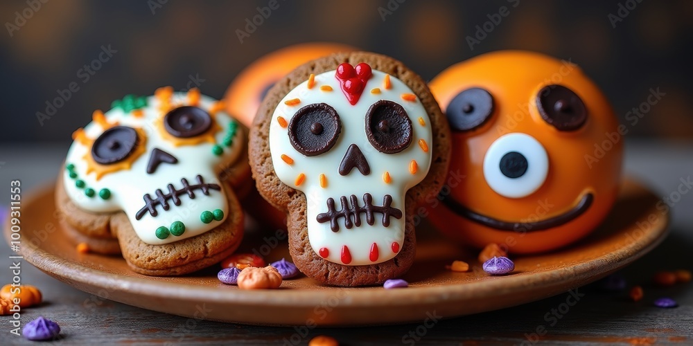 Fototapeta premium Festive Halloween cookies featuring colorful skull and pumpkin designs, perfect for seasonal treats, parties, and celebrations.