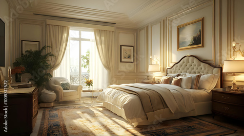 3D Render - Luxurious Bedroom Interior Design with Golden Accents