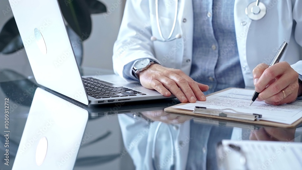 Doctor man wearing whit medical coat over a blue shirt is writing medical records on a glass desk with laptop. Medicine concept Doctor man wearing whit medical coat over a blue shirt is writing medical records on a glass desk with laptop. Medicine concept