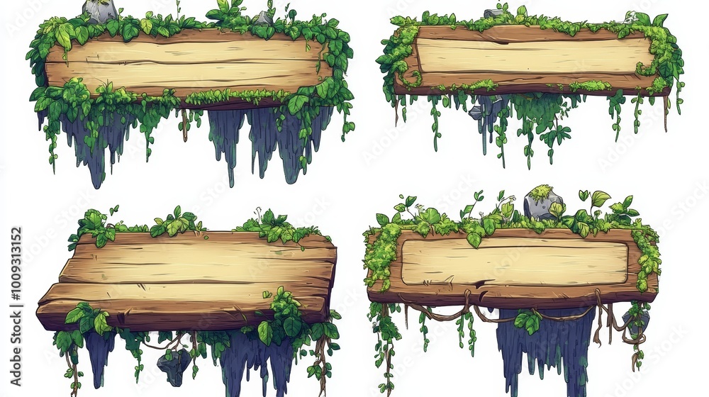 Jungle Wooden Signboard with Vines and Greenery Isolated on White Background Jungle Wooden Signboard with Vines and Greenery Isolated on White Background