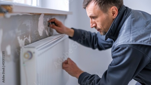 A man in overalls works on a white radiator with a tool in a room. Setting implies DIY, renovation, or maintenance. Power socket nearby adds context.