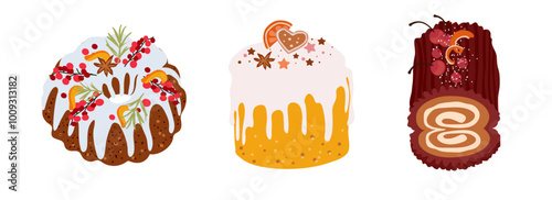Christmas Cupcake,Panettone, Log. Christmas Cupcake Set. Vector on white background