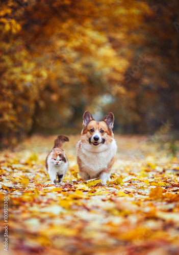 Wallpaper Mural couple cat and dog walking in sunny park with yellow autumn foliage Torontodigital.ca