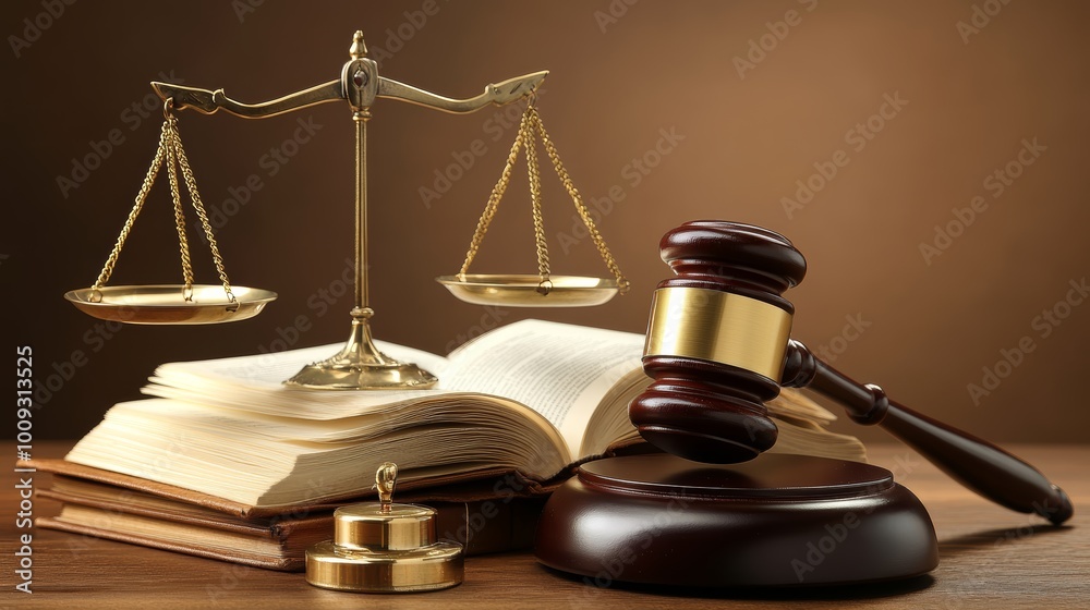 Justice Scales Gavel and Law Book on Wood Table Justice Scales Gavel and Law Book on Wood Table