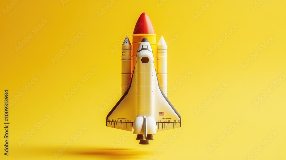Obraz premium A scale model of a space shuttle sitting on a bright yellow background, ideal for use in illustrations about space exploration or education