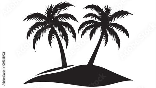 Black vector design of palm trees on an island, a simple and clean black silhouette on a white background.