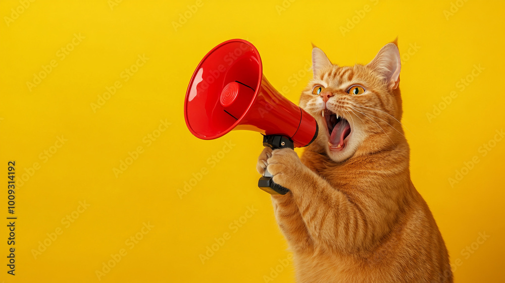 Fototapeta premium A cat holding a megaphone and shouting on a yellow background
