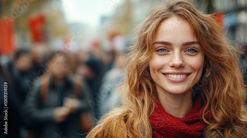 Portrait of a smiling woman with freckles in a crowd