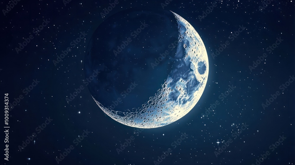Fototapeta premium A crescent moon shining at night, completing its lunar cycle of 30 days. The moon is Earth's natural satellite.