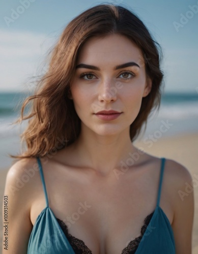 A young woman with long brown hair looks directly at the camera while standing on a beach.