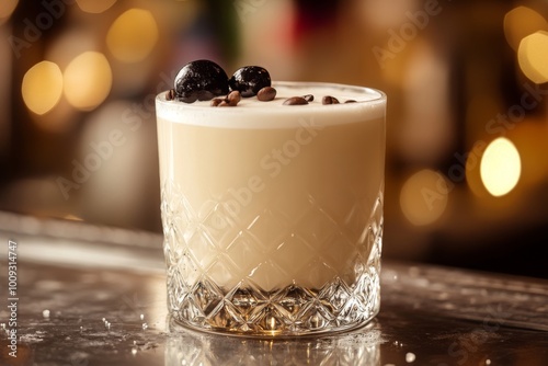 Un cóctel suave y cremoso servido en un vaso bajo, decorado con cerezas y granos de café. La combinación de crema y licor lo convierte en una opción indulgente y dulce para los amantes del café. photo