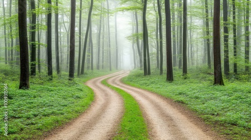 A tranquil summer landscape features a fog-covered beech forest with a winding dirt road surrounded by vibrant green meadows. Nature displays its beauty in every corner