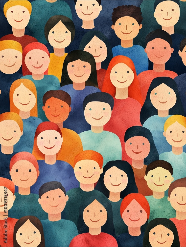 A colorful illustration of diverse, smiling people, representing joy and unity in a vibrant, artistic style. A colorful illustration of diverse, smiling people, representing joy and unity in a vibrant, artistic style.