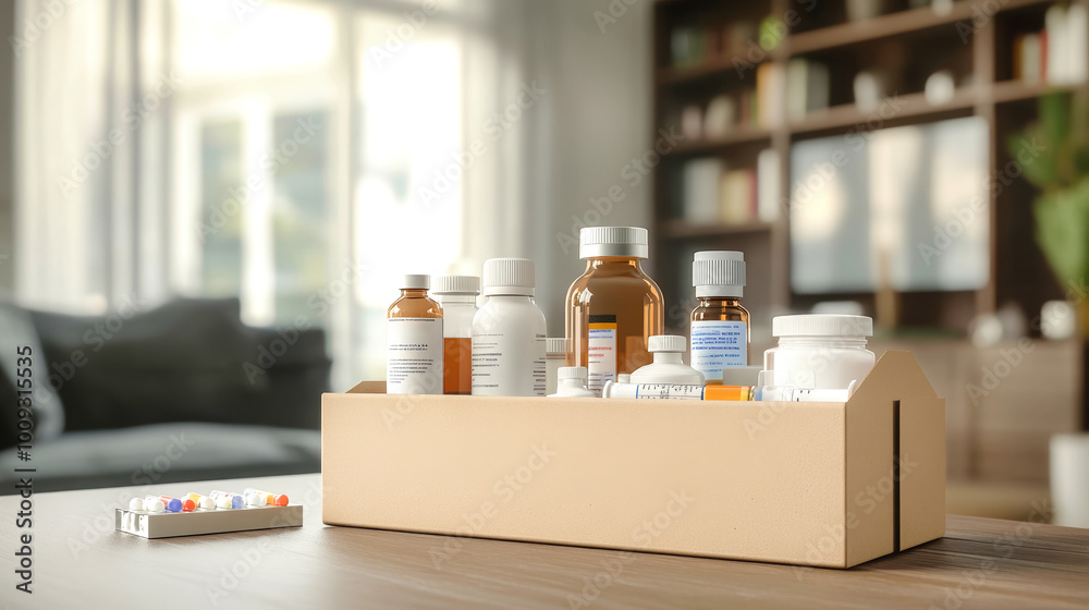Cardboard box containing various medical products placed on a table in a blurred living room setting, showcasing essential health supplies Cardboard box containing various medical products placed on a table in a blurred living room setting, showcasing essential health supplies