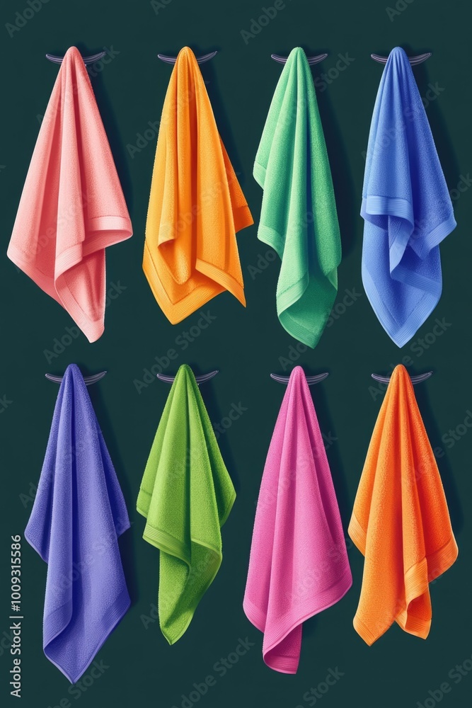 A collection of colorful towels hung neatly on a wall, great for use in bathrooms or as a decorative accent A collection of colorful towels hung neatly on a wall, great for use in bathrooms or as a decorative accent