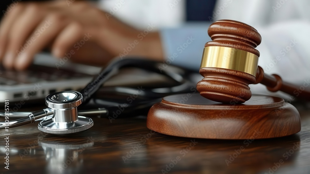 closeup of a wooden gavel resting next to a stethoscope on a polished desk while a male doctor uses a laptop merging the themes of law medicine and ethics closeup of a wooden gavel resting next to a stethoscope on a polished desk while a male doctor uses a laptop merging the themes of law medicine and ethics