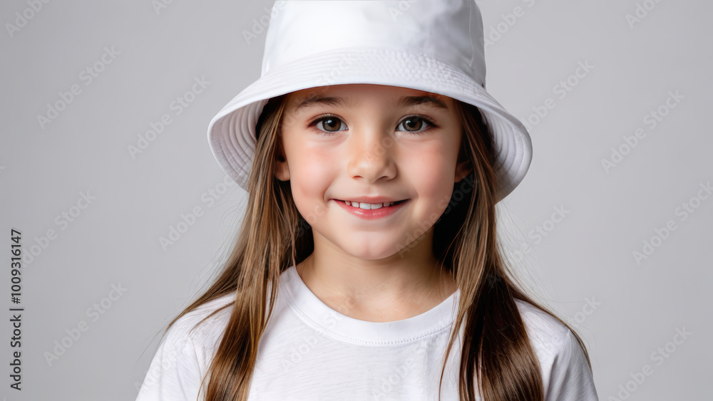 Little girl wearing white t-shirt and white bucket hat isolated on grey background Little girl wearing white t-shirt and white bucket hat isolated on grey background
