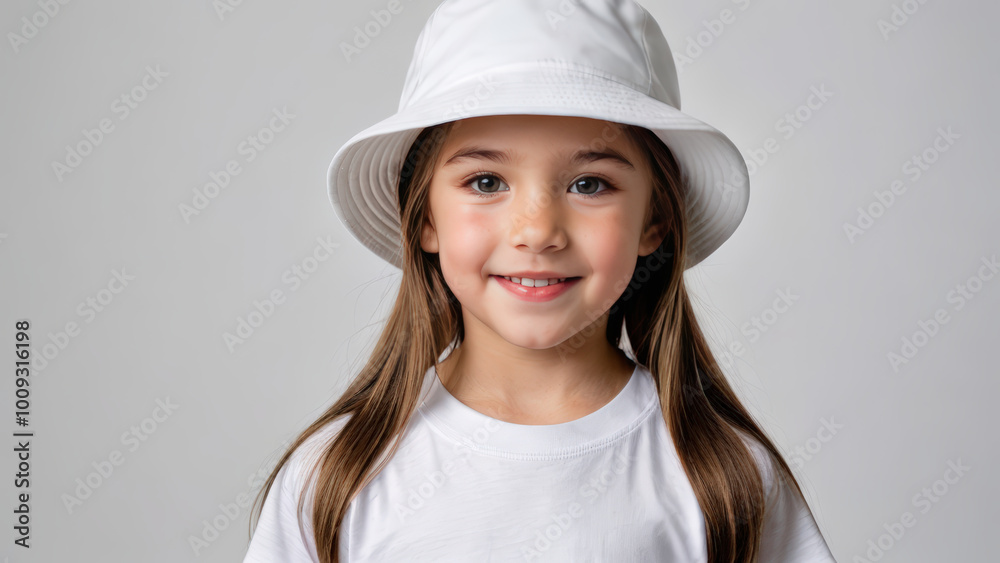 Little girl wearing white t-shirt and white bucket hat isolated on grey background Little girl wearing white t-shirt and white bucket hat isolated on grey background