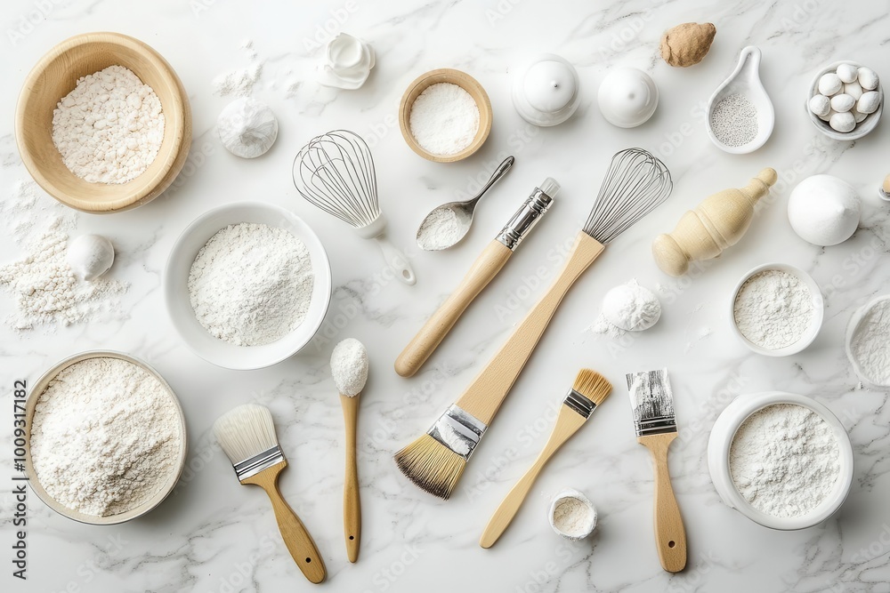 A collection of baking ingredients and tools arranged on a marble surface. A collection of baking ingredients and tools arranged on a marble surface.