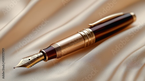 A luxurious fountain pen rests on a smooth, golden silk fabric, with rich tones and intricate metallic details highlighted by soft lighting. The image exudes sophistication and high-end craftsmanship.