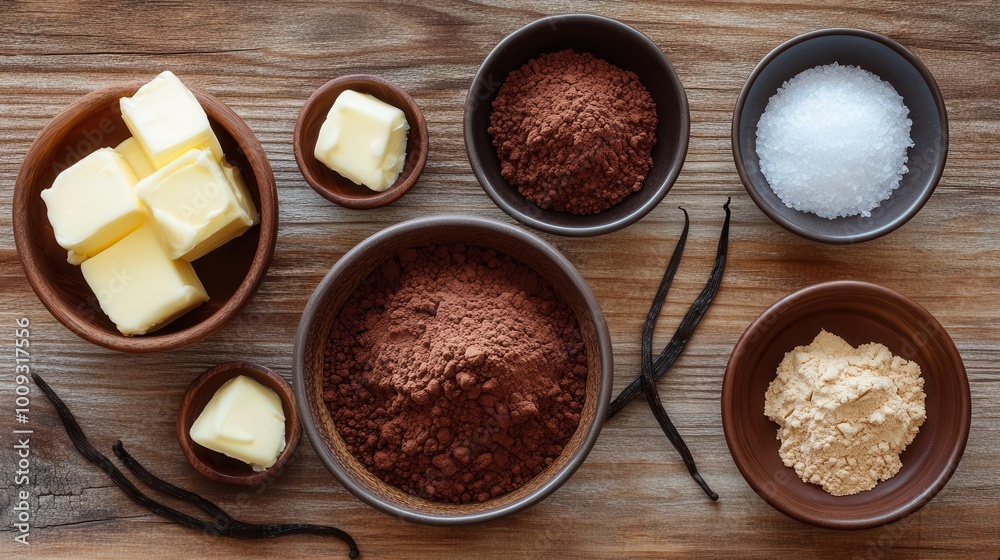 A collection of baking ingredients including butter, cocoa powder, sugar, and vanilla. A collection of baking ingredients including butter, cocoa powder, sugar, and vanilla.