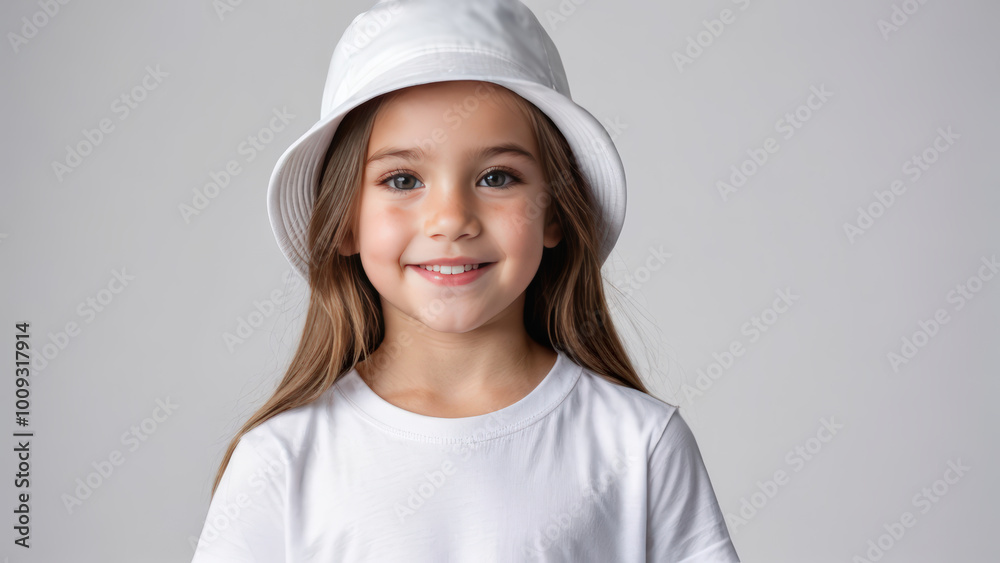 Little girl wearing white t-shirt and white bucket hat isolated on grey background Little girl wearing white t-shirt and white bucket hat isolated on grey background