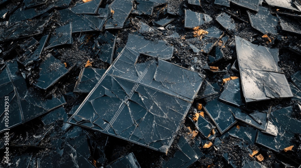 A messy pile of shattered glass sits on the floor, waiting for cleaning A messy pile of shattered glass sits on the floor, waiting for cleaning