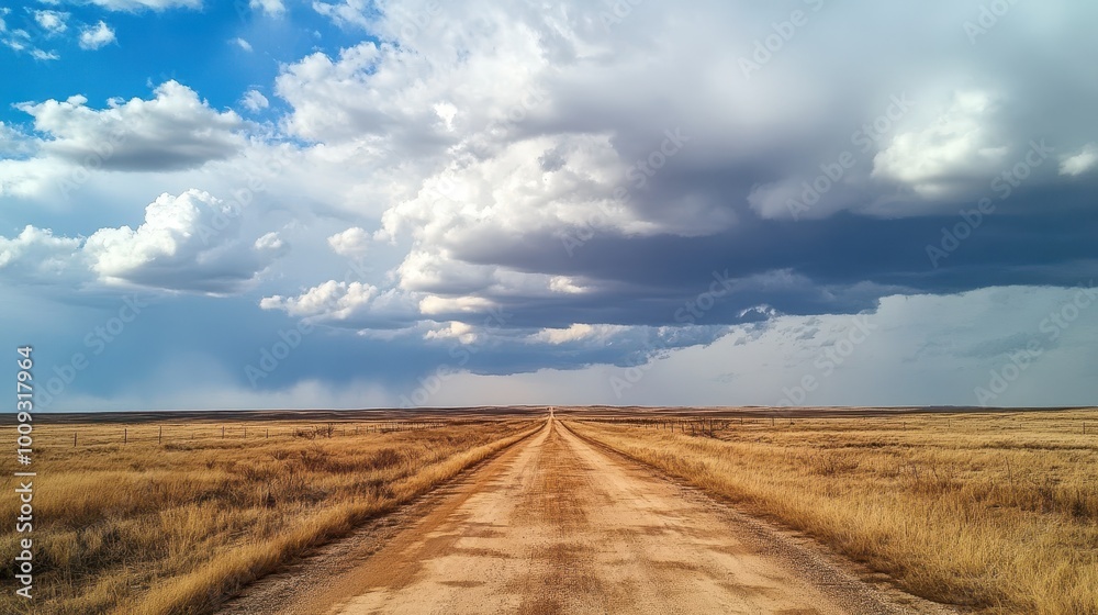 Vast Grassy Plains and a Winding Dirt Road Under a Dramatic Sky Vast Grassy Plains and a Winding Dirt Road Under a Dramatic Sky