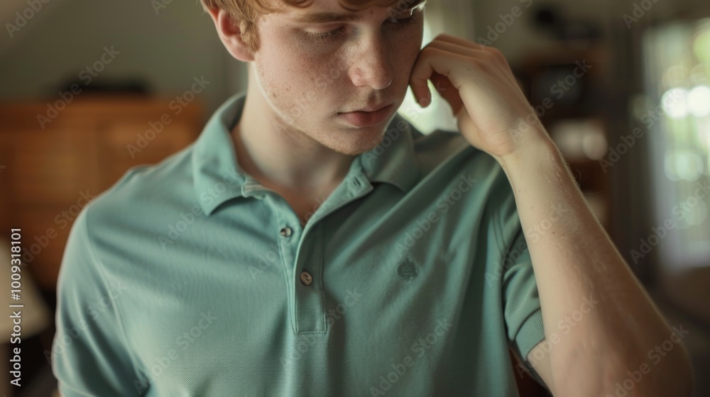 A young man with red hair and light skin, wearing a green shirt, appears contemplative in a cozy living room with a brown couch, green chairs, and a dining table with a green lamp, A young man with red hair and light skin, wearing a green shirt, appears contemplative in a cozy living room with a brown couch, green chairs, and a dining table with a green lamp,